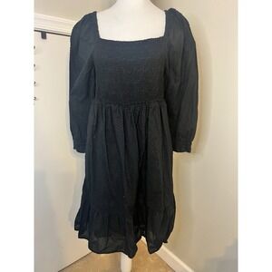 J. Crew Factory Smocked Eyelet Square Neck Midi Black Puff Sleeve Dress Large